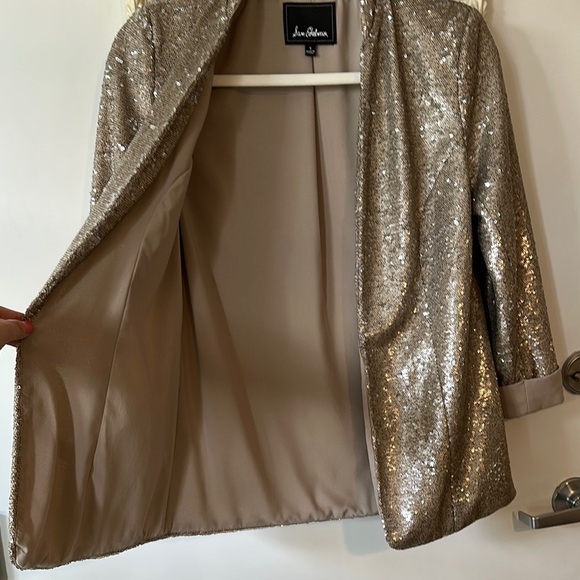 SAM EDELMAN | Champagne Gold Sequin Blazer Open Front 3/4 Sleeves - Picture 3 of 15